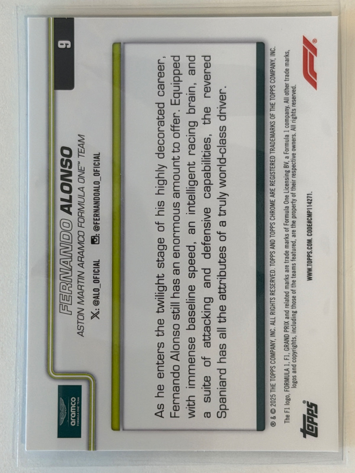 Fernando Alonso Base Topps Chrome Formula 1 9 NM (Back)