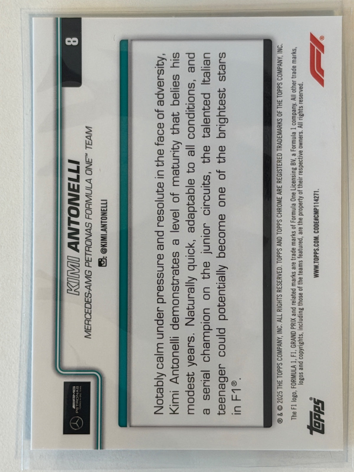 Kimi Antonelli Base Topps Chrome Formula 1 8 NM (Back)