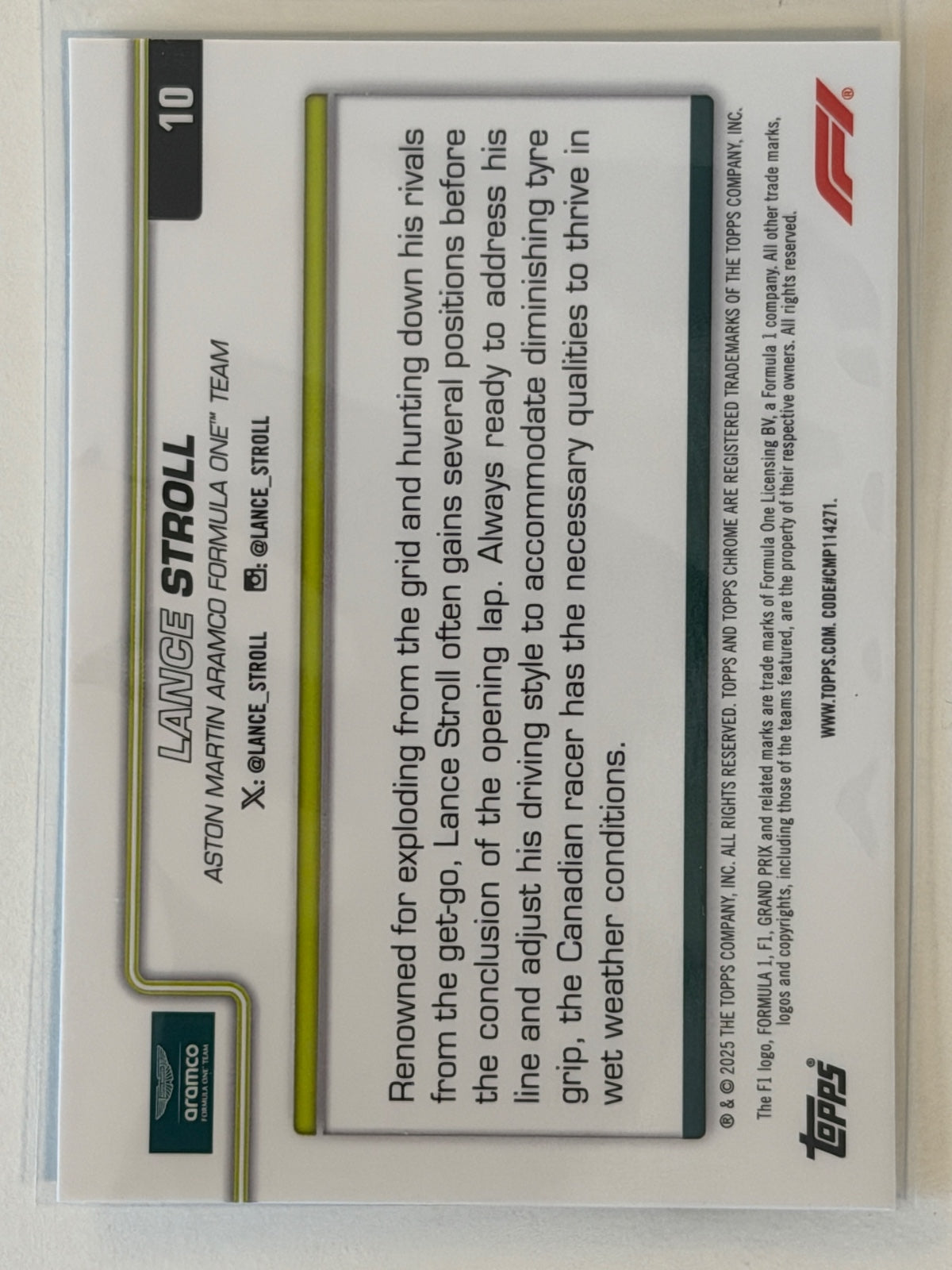 Lance Stroll Base Topps Chrome Formula 1 10 NM (Back)