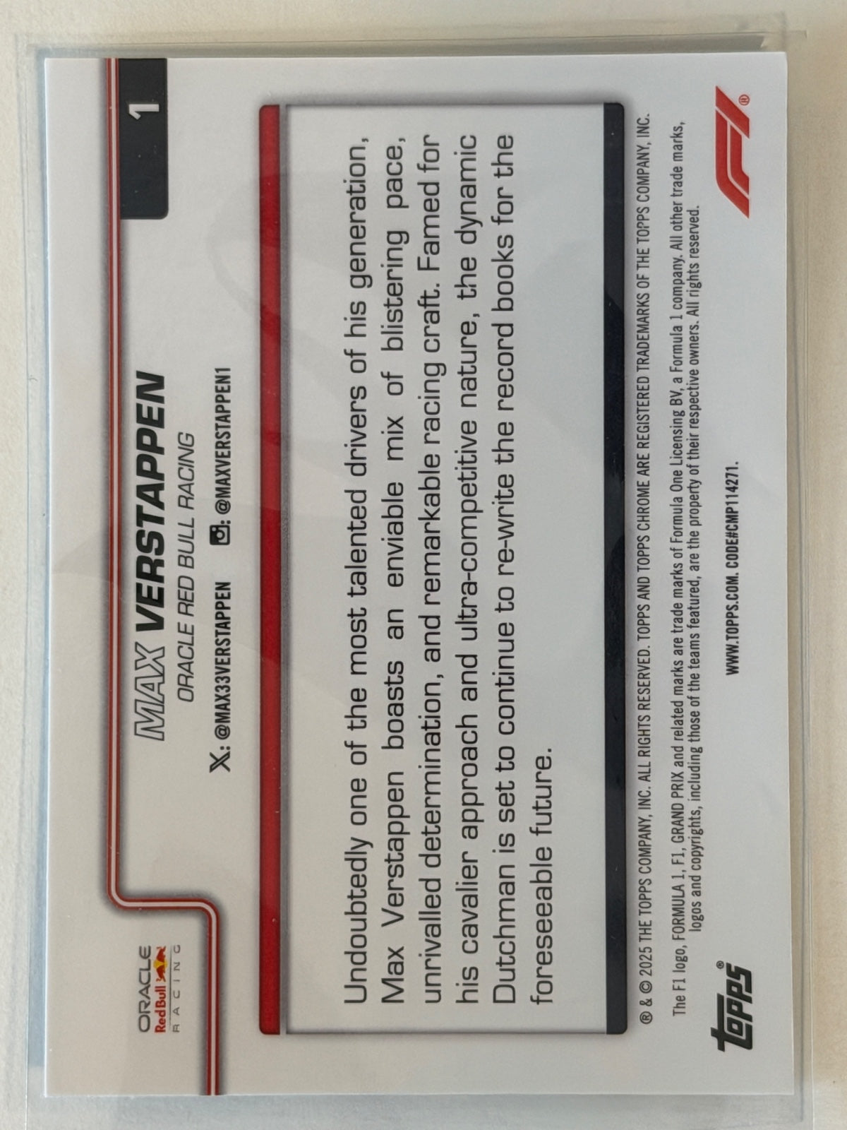 Max Verstappen Base Topps Chrome Formula 1 1 NM (Back)