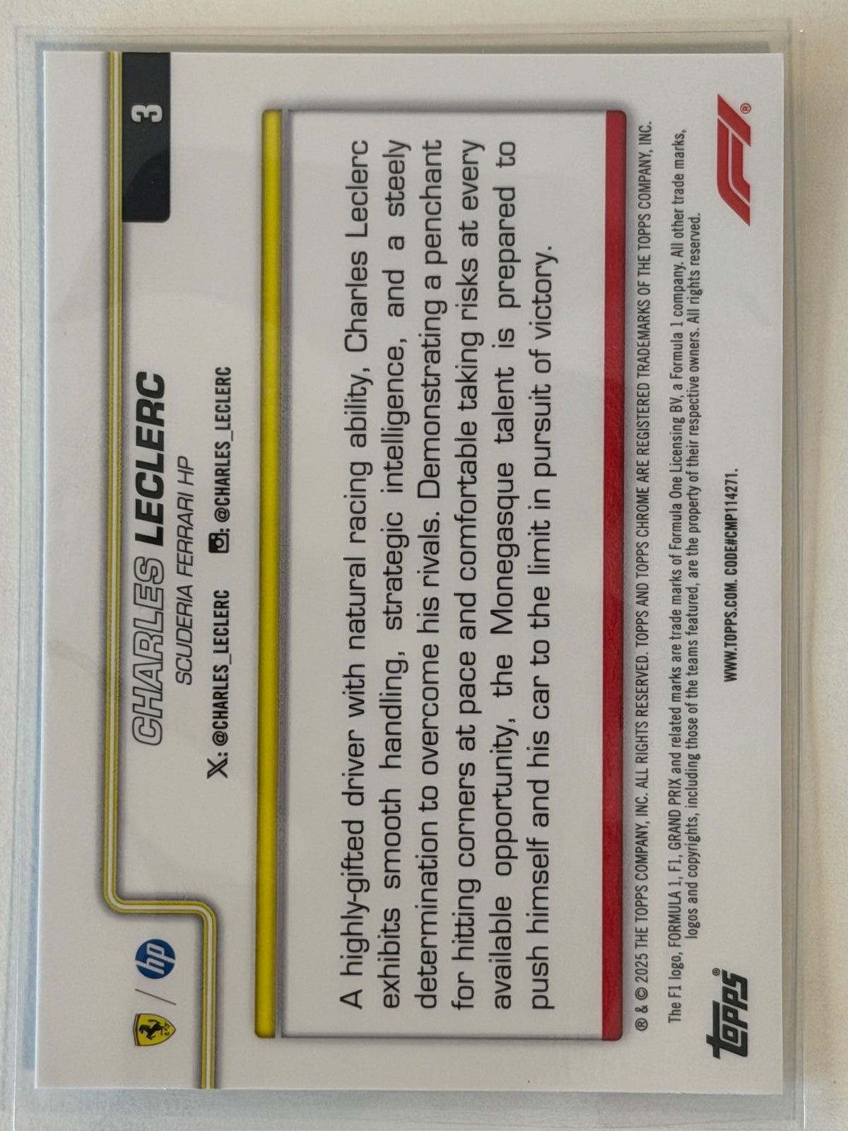 Charles Leclerc Base Topps Chrome Formula 1 3 NM (Back)