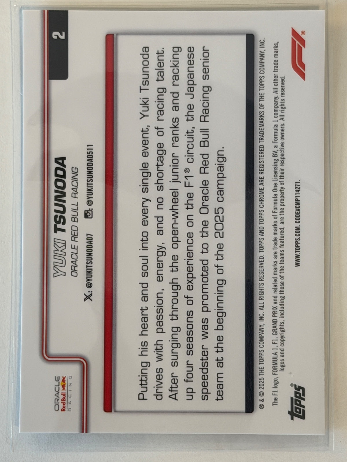 Yuki Tsunoda Base Topps Chrome Formula 1 2 NM (Back)