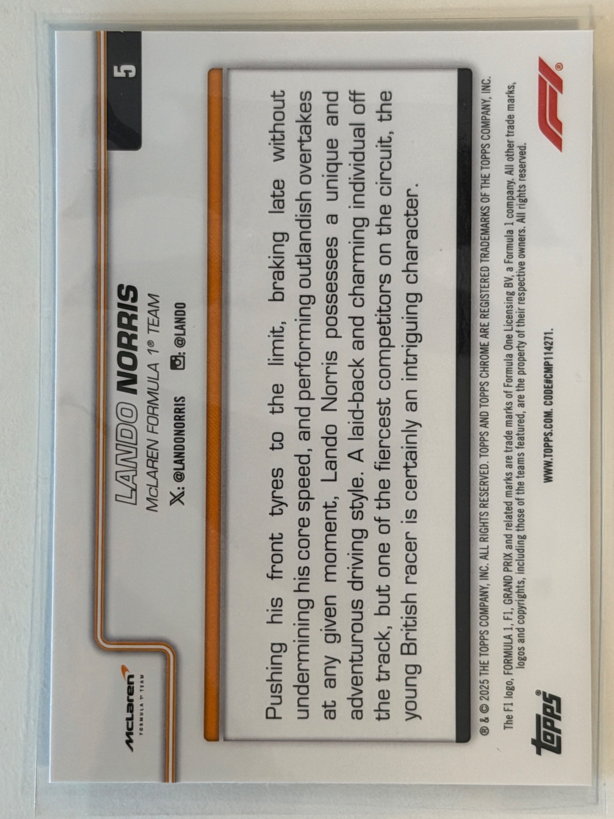 Lando Norris Base Topps Chrome Formula 1 5 NM (Back)