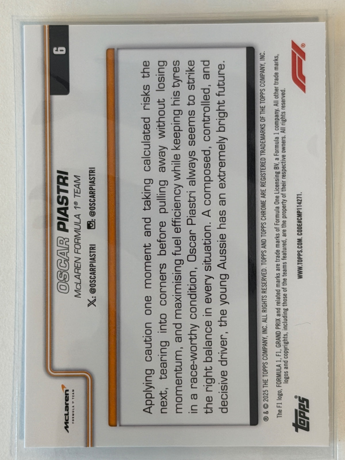 Oscar Piastri Base Topps Chrome Formula 1 6 NM (Back)